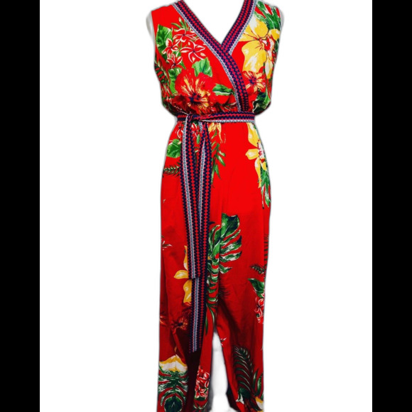 Flying Tomato Red Tropical Floral Wide Leg Open Back Jumpsuit Women's Size S - Picture 2 of 7